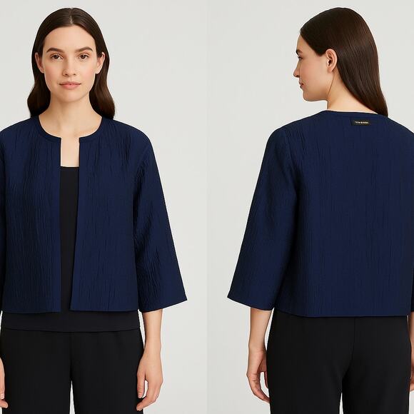 EILEEN FISHER 100% Silk Textured Cropped Jacket – Size L – Navy Blue - Picture 1 of 7